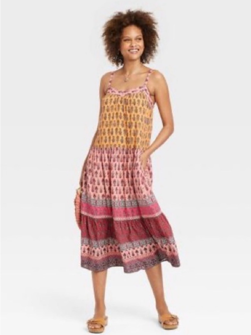 Knox Rose Pink and Mustard Printed Tiered Midi Dress